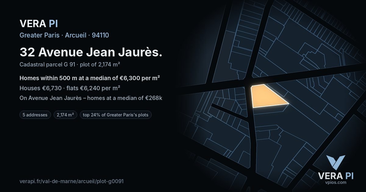 32 Avenue Jean Jaurès, Arcueil at night – the plot lit, the parcels around coloured by the prices near them