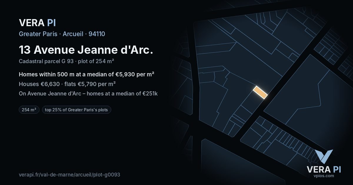13 Avenue Jeanne d'Arc, Arcueil at night – the plot lit, the parcels around coloured by the prices near them
