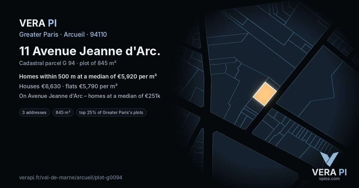 11 Avenue Jeanne d'Arc, Arcueil at night – the plot lit, the parcels around coloured by the prices near them