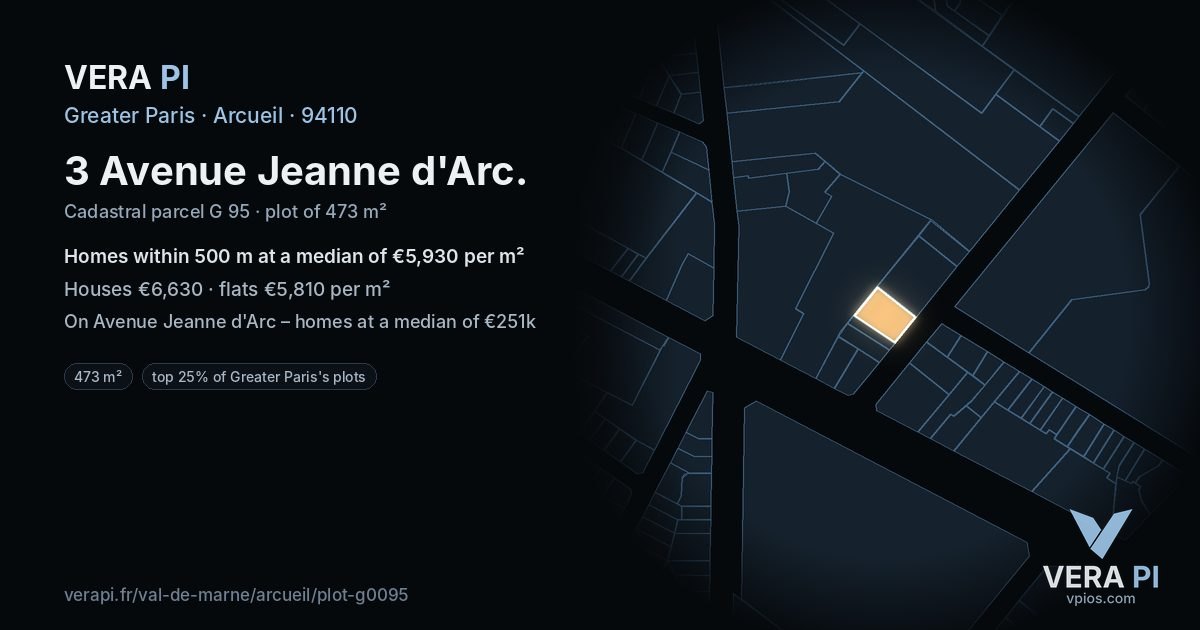3 Avenue Jeanne d'Arc, Arcueil at night – the plot lit, the parcels around coloured by the prices near them