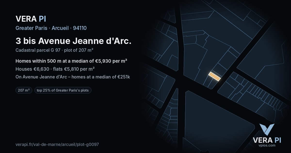 3 bis Avenue Jeanne d'Arc, Arcueil at night – the plot lit, the parcels around coloured by the prices near them
