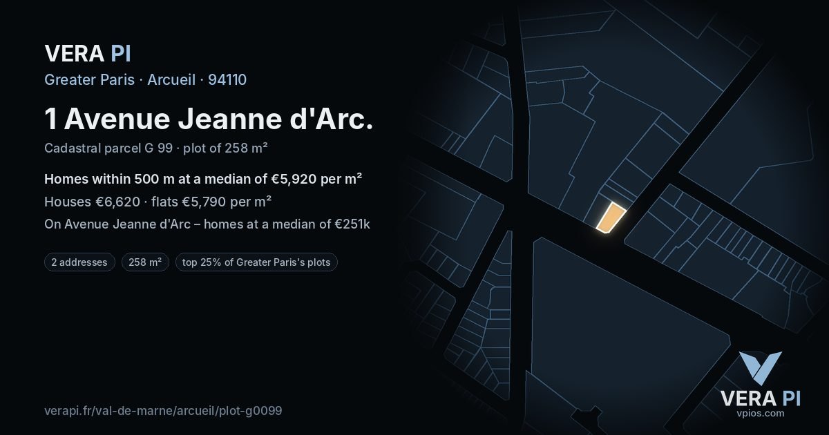 1 Avenue Jeanne d'Arc, Arcueil at night – the plot lit, the parcels around coloured by the prices near them