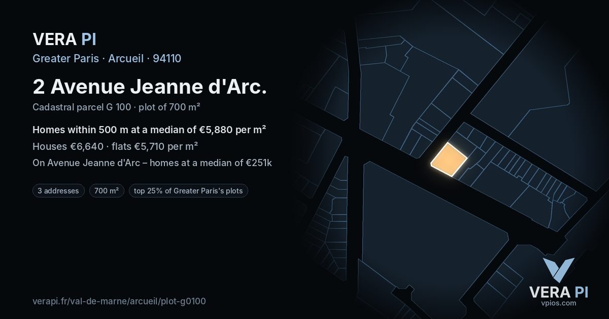 2 Avenue Jeanne d'Arc, Arcueil at night – the plot lit, the parcels around coloured by the prices near them