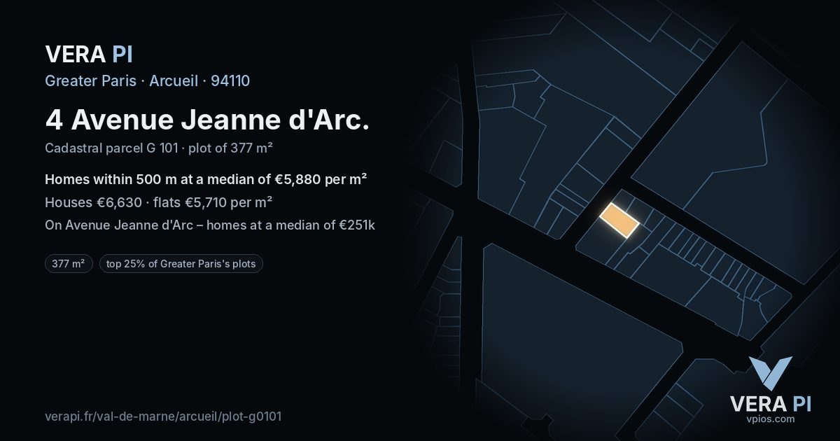 4 Avenue Jeanne d'Arc, Arcueil at night – the plot lit, the parcels around coloured by the prices near them