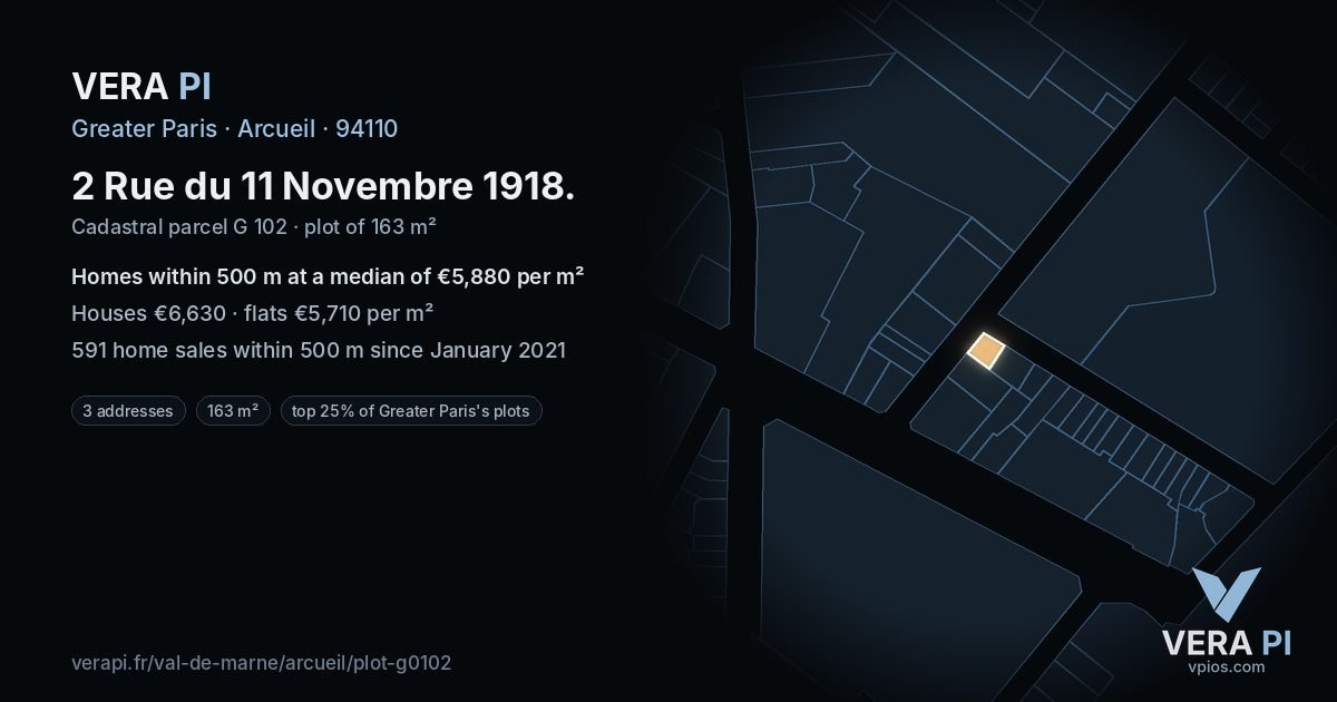 2 Rue du 11 Novembre 1918, Arcueil at night – the plot lit, the parcels around coloured by the prices near them