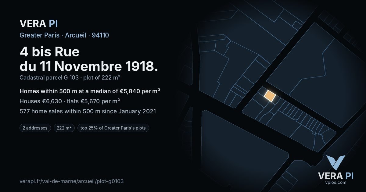 4 bis Rue du 11 Novembre 1918, Arcueil at night – the plot lit, the parcels around coloured by the prices near them