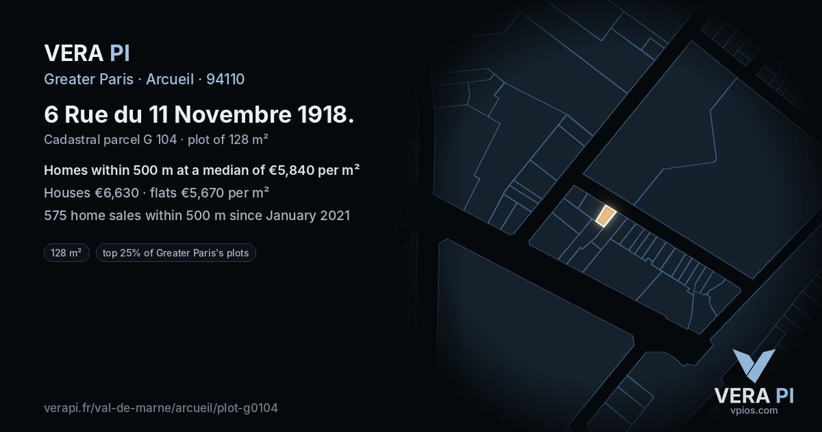 6 Rue du 11 Novembre 1918, Arcueil at night – the plot lit, the parcels around coloured by the prices near them