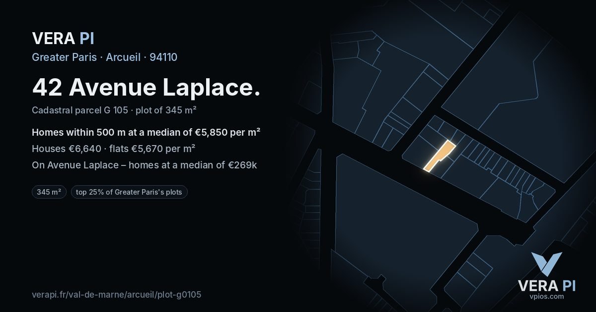 42 Avenue Laplace, Arcueil at night – the plot lit, the parcels around coloured by the prices near them