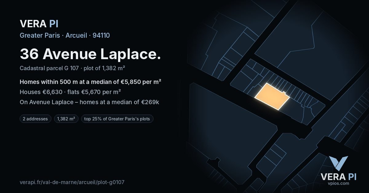 36 Avenue Laplace, Arcueil at night – the plot lit, the parcels around coloured by the prices near them