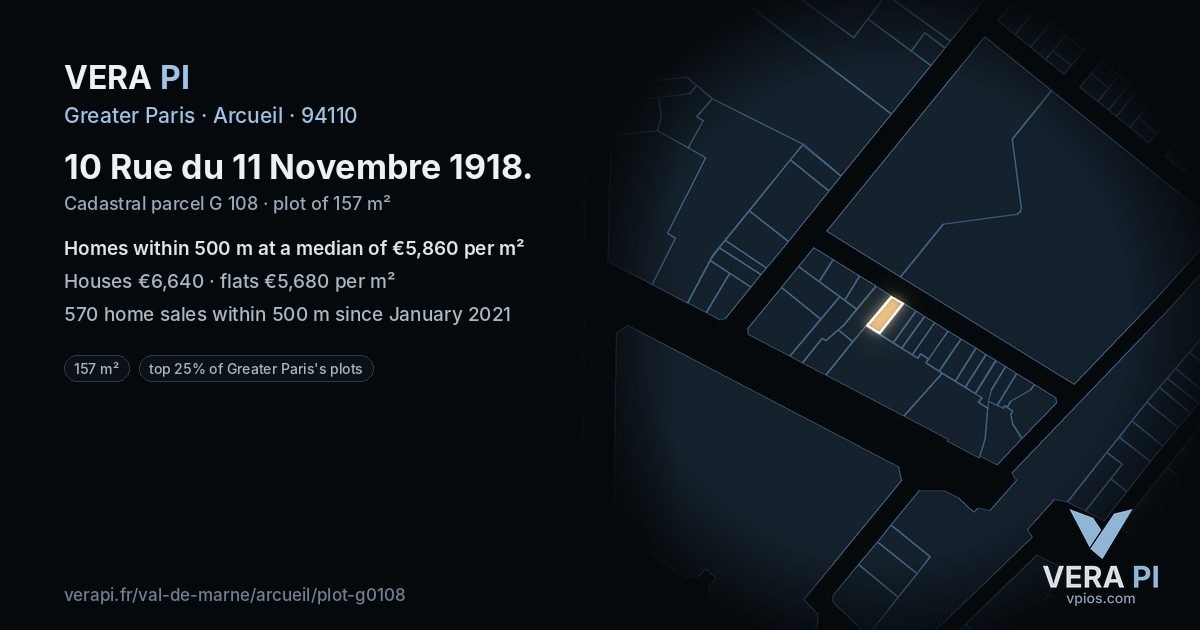 10 Rue du 11 Novembre 1918, Arcueil at night – the plot lit, the parcels around coloured by the prices near them