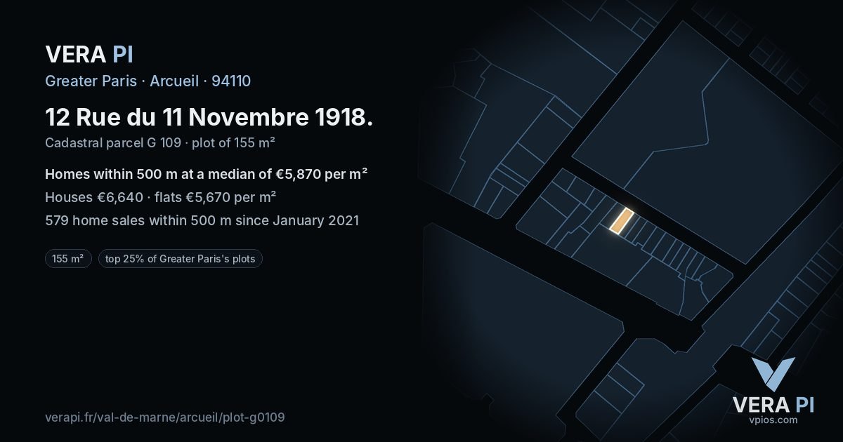 12 Rue du 11 Novembre 1918, Arcueil at night – the plot lit, the parcels around coloured by the prices near them