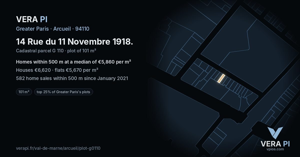 14 Rue du 11 Novembre 1918, Arcueil at night – the plot lit, the parcels around coloured by the prices near them