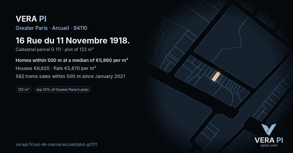 16 Rue du 11 Novembre 1918, Arcueil at night – the plot lit, the parcels around coloured by the prices near them