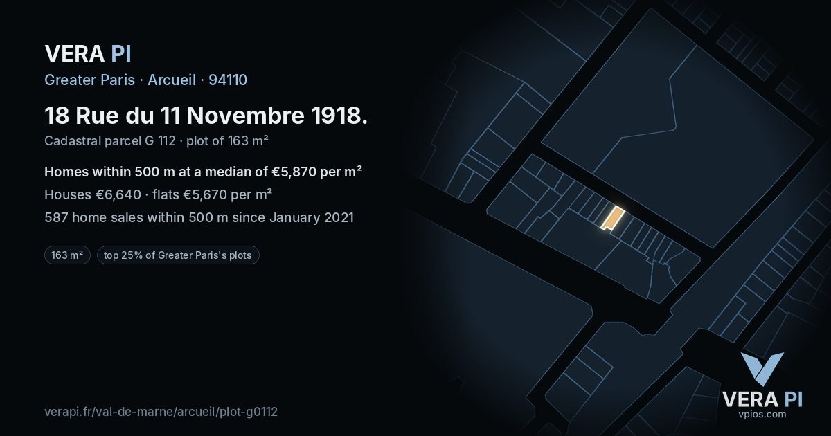18 Rue du 11 Novembre 1918, Arcueil at night – the plot lit, the parcels around coloured by the prices near them