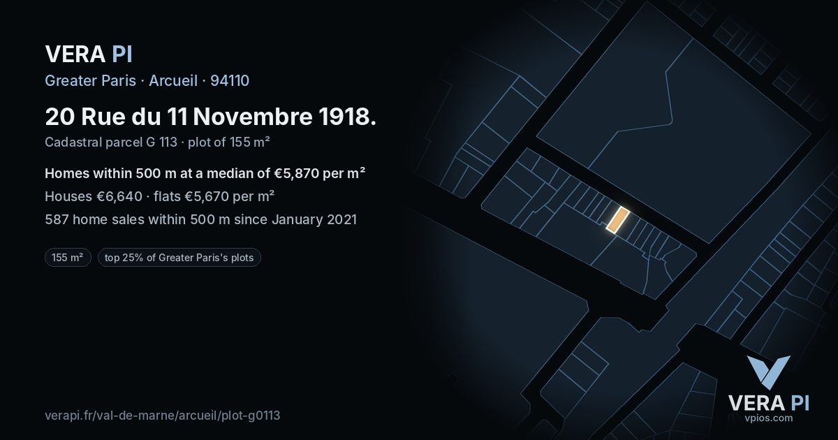 20 Rue du 11 Novembre 1918, Arcueil at night – the plot lit, the parcels around coloured by the prices near them