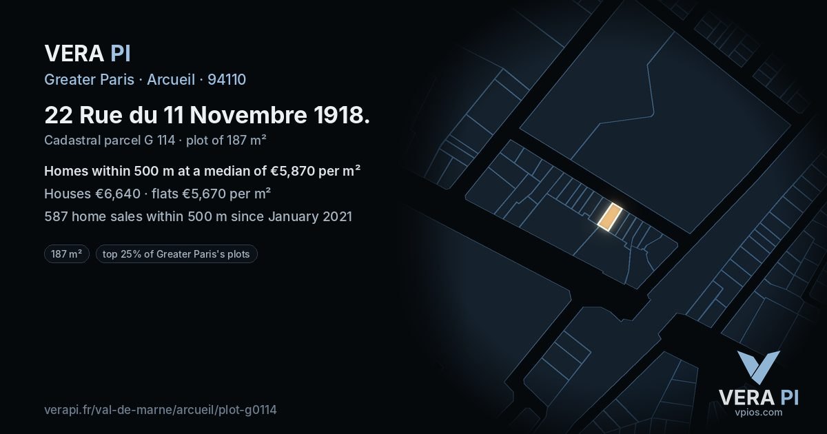 22 Rue du 11 Novembre 1918, Arcueil at night – the plot lit, the parcels around coloured by the prices near them