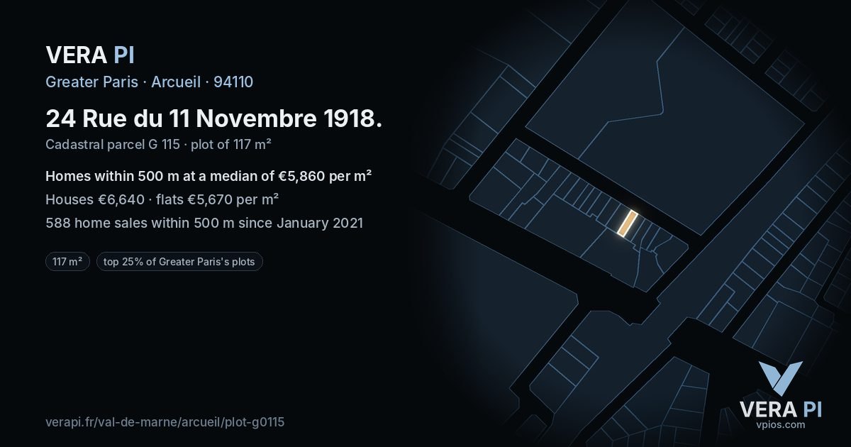 24 Rue du 11 Novembre 1918, Arcueil at night – the plot lit, the parcels around coloured by the prices near them
