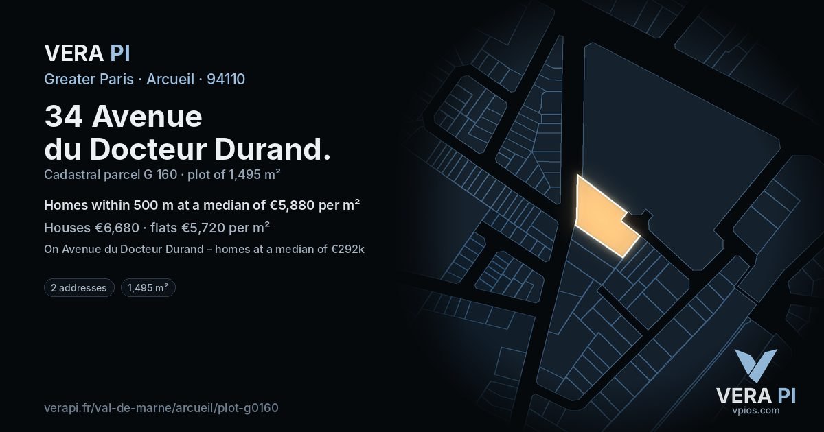 34 Avenue du Docteur Durand, Arcueil at night – the plot lit, the parcels around coloured by the prices near them