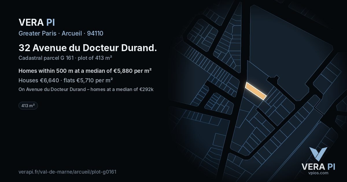 32 Avenue du Docteur Durand, Arcueil at night – the plot lit, the parcels around coloured by the prices near them