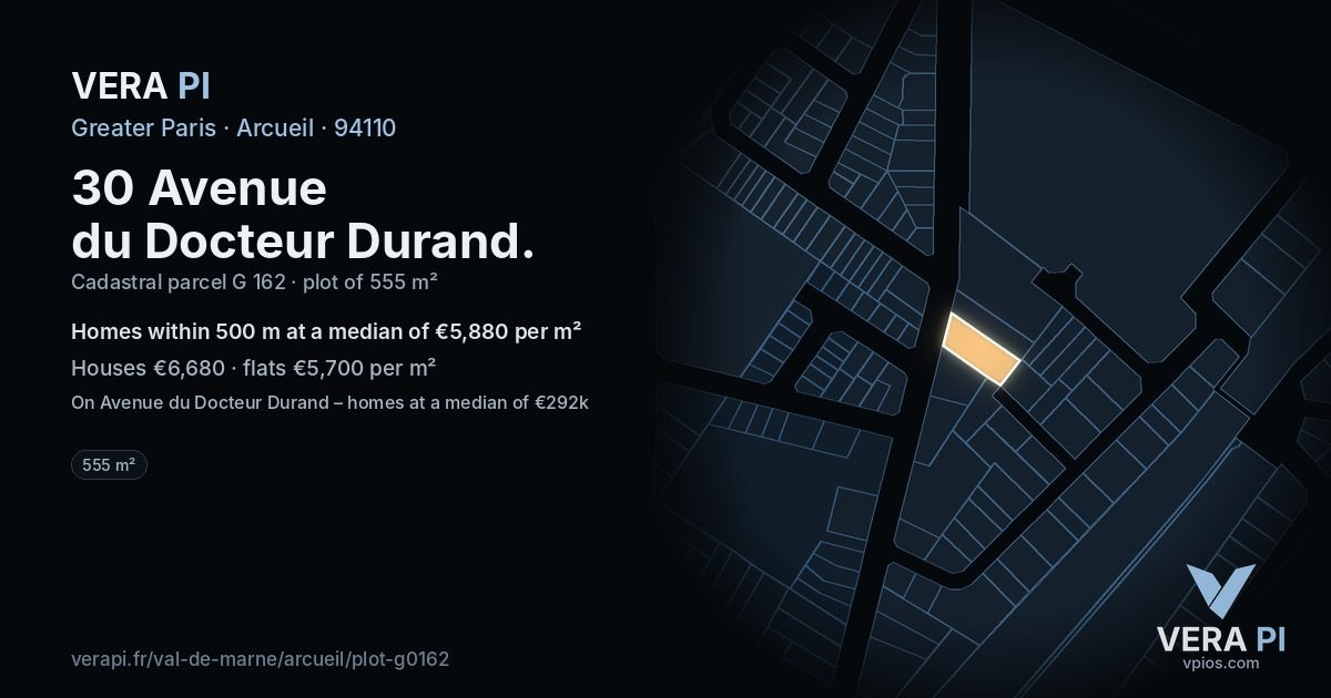 30 Avenue du Docteur Durand, Arcueil at night – the plot lit, the parcels around coloured by the prices near them