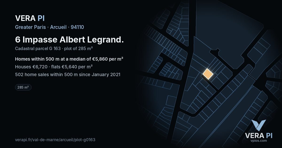 6 Impasse Albert Legrand, Arcueil at night – the plot lit, the parcels around coloured by the prices near them