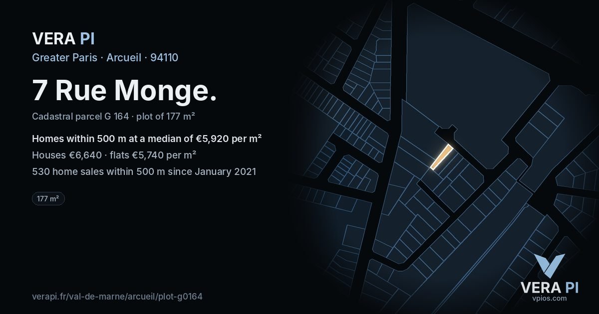 7 Rue Monge, Arcueil at night – the plot lit, the parcels around coloured by the prices near them