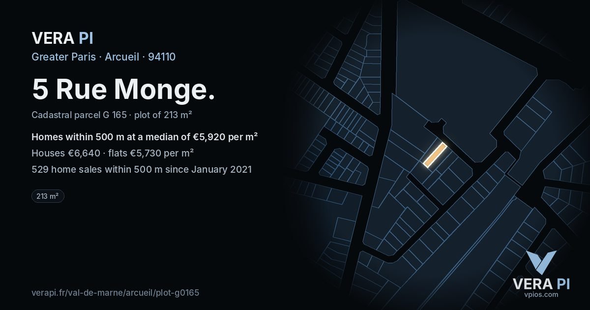 5 Rue Monge, Arcueil at night – the plot lit, the parcels around coloured by the prices near them