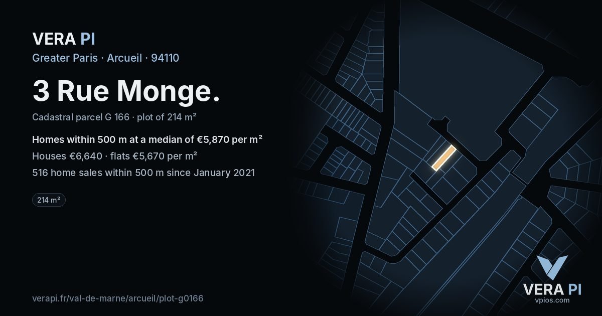 3 Rue Monge, Arcueil at night – the plot lit, the parcels around coloured by the prices near them