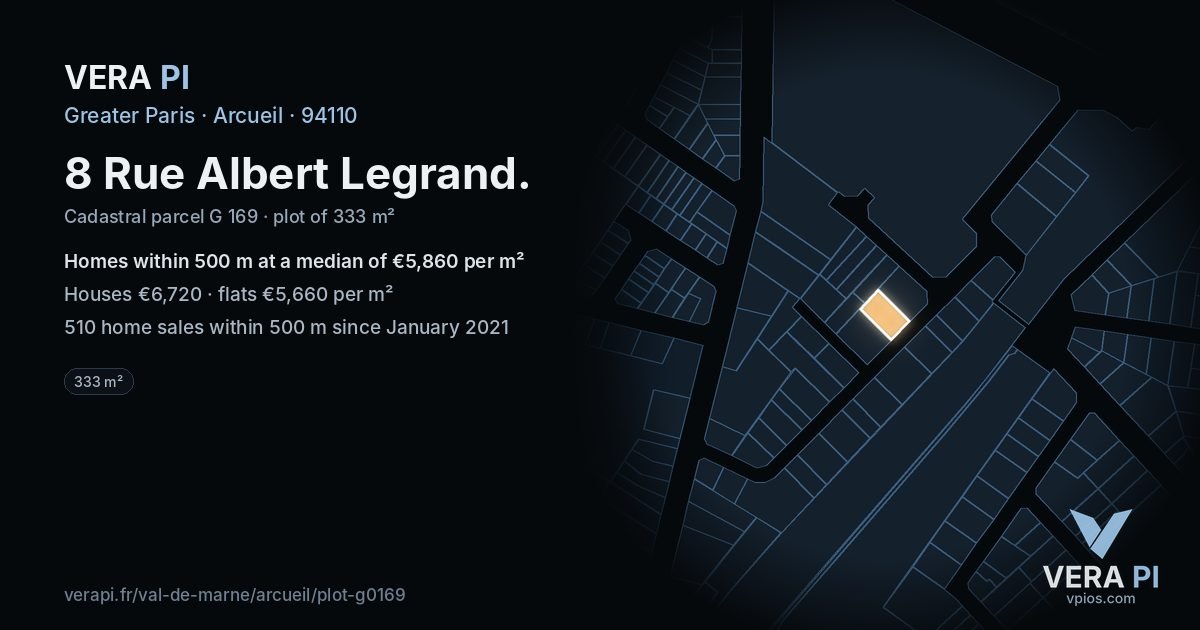 8 Rue Albert Legrand, Arcueil at night – the plot lit, the parcels around coloured by the prices near them