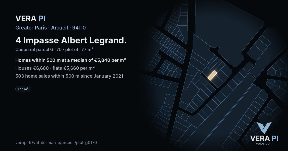 4 Impasse Albert Legrand, Arcueil at night – the plot lit, the parcels around coloured by the prices near them