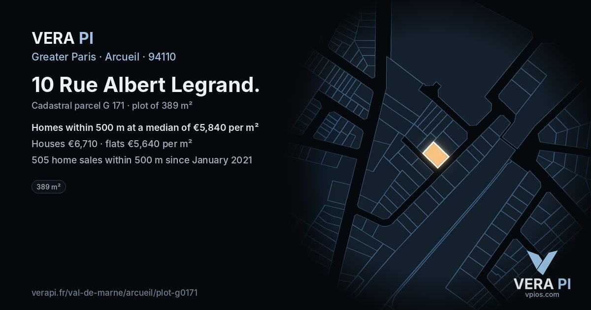 10 Rue Albert Legrand, Arcueil at night – the plot lit, the parcels around coloured by the prices near them