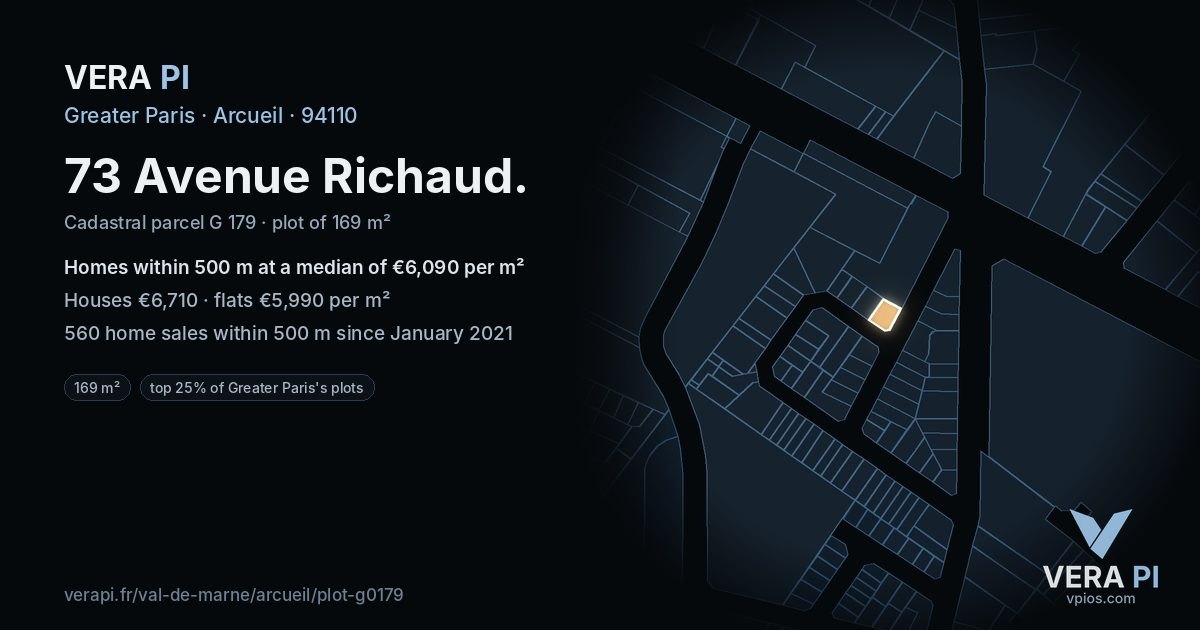 73 Avenue Richaud, Arcueil at night – the plot lit, the parcels around coloured by the prices near them
