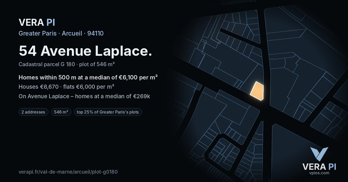54 Avenue Laplace, Arcueil at night – the plot lit, the parcels around coloured by the prices near them