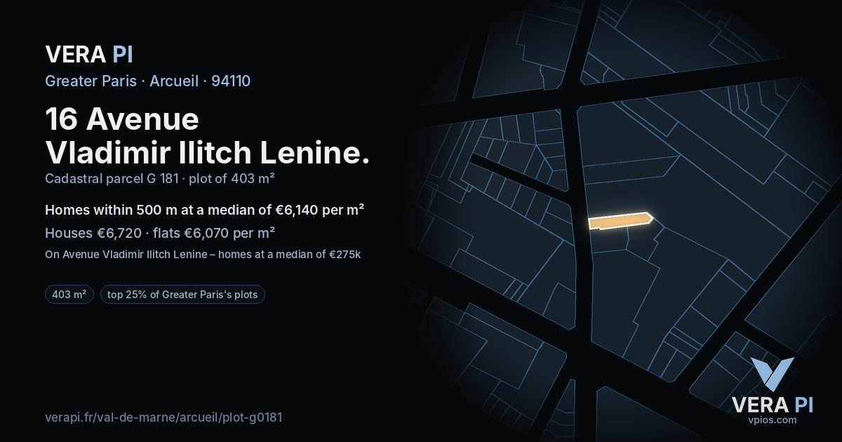 16 Avenue Vladimir Ilitch Lenine, Arcueil at night – the plot lit, the parcels around coloured by the prices near them