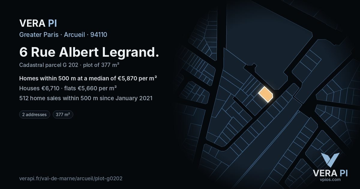6 Rue Albert Legrand, Arcueil at night – the plot lit, the parcels around coloured by the prices near them