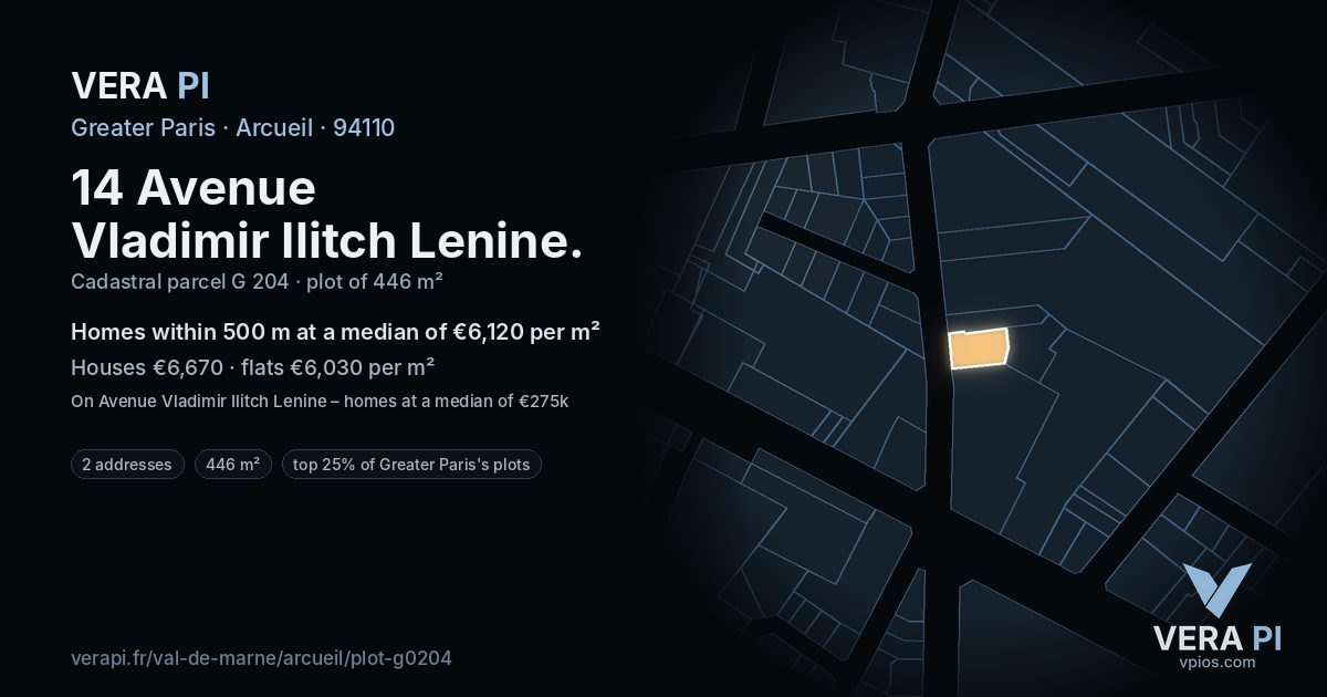 14 Avenue Vladimir Ilitch Lenine, Arcueil at night – the plot lit, the parcels around coloured by the prices near them