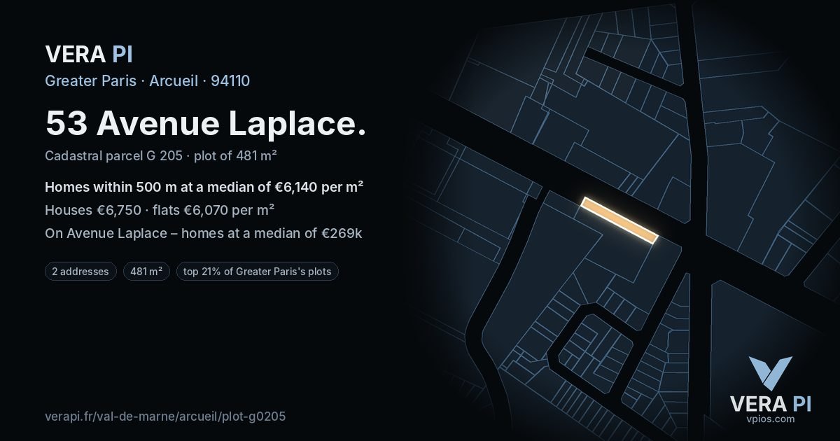 53 Avenue Laplace, Arcueil at night – the plot lit, the parcels around coloured by the prices near them