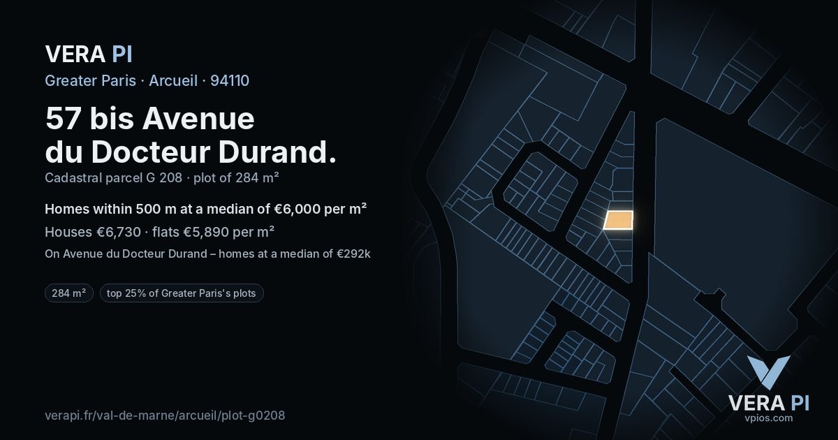 57 bis Avenue du Docteur Durand, Arcueil at night – the plot lit, the parcels around coloured by the prices near them
