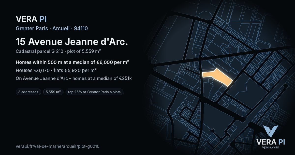 15 Avenue Jeanne d'Arc, Arcueil at night – the plot lit, the parcels around coloured by the prices near them