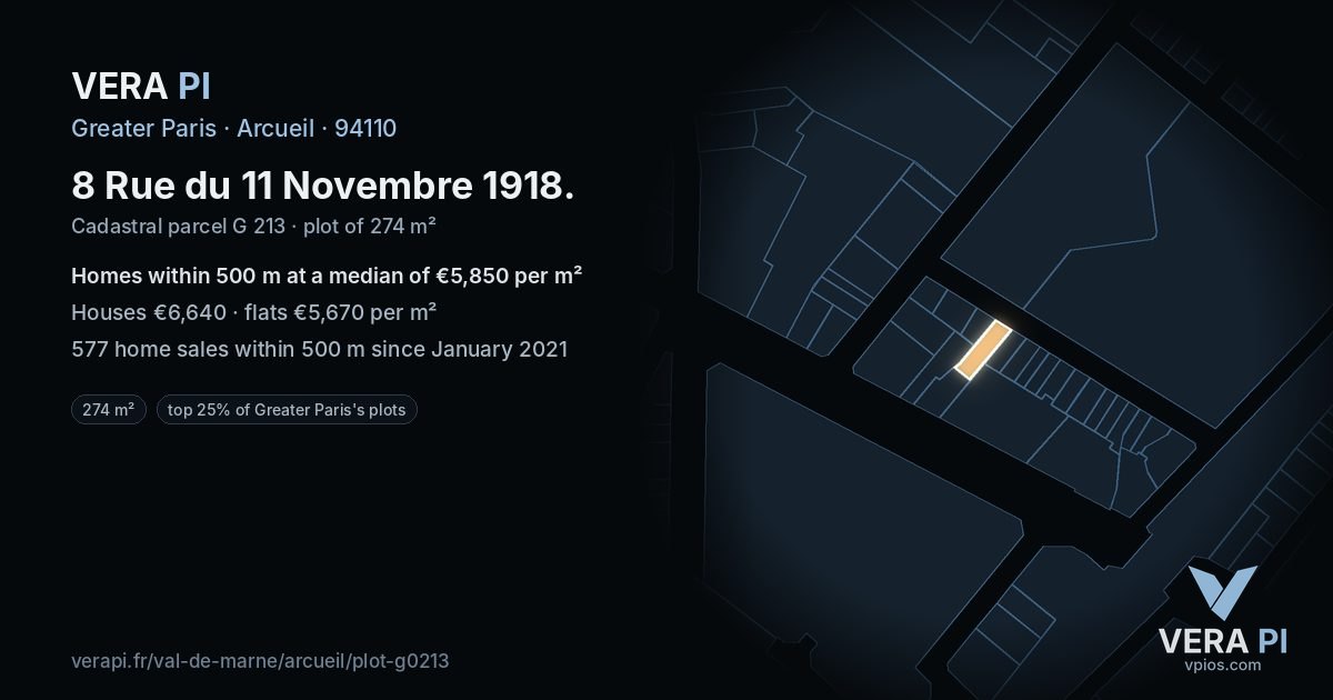 8 Rue du 11 Novembre 1918, Arcueil at night – the plot lit, the parcels around coloured by the prices near them