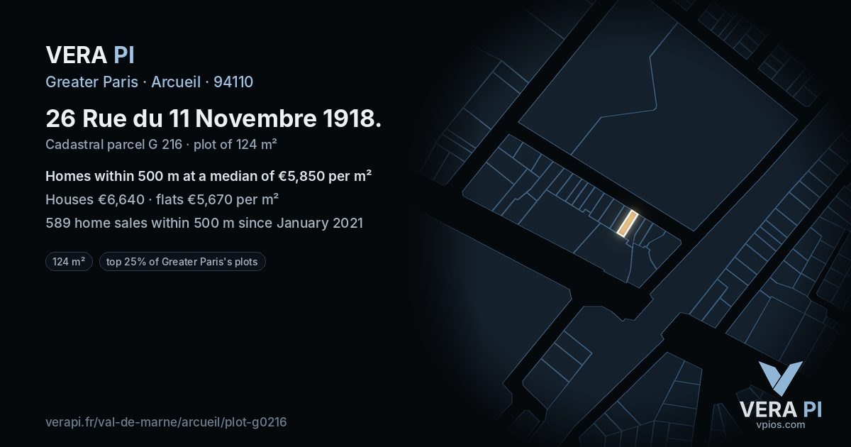 26 Rue du 11 Novembre 1918, Arcueil at night – the plot lit, the parcels around coloured by the prices near them
