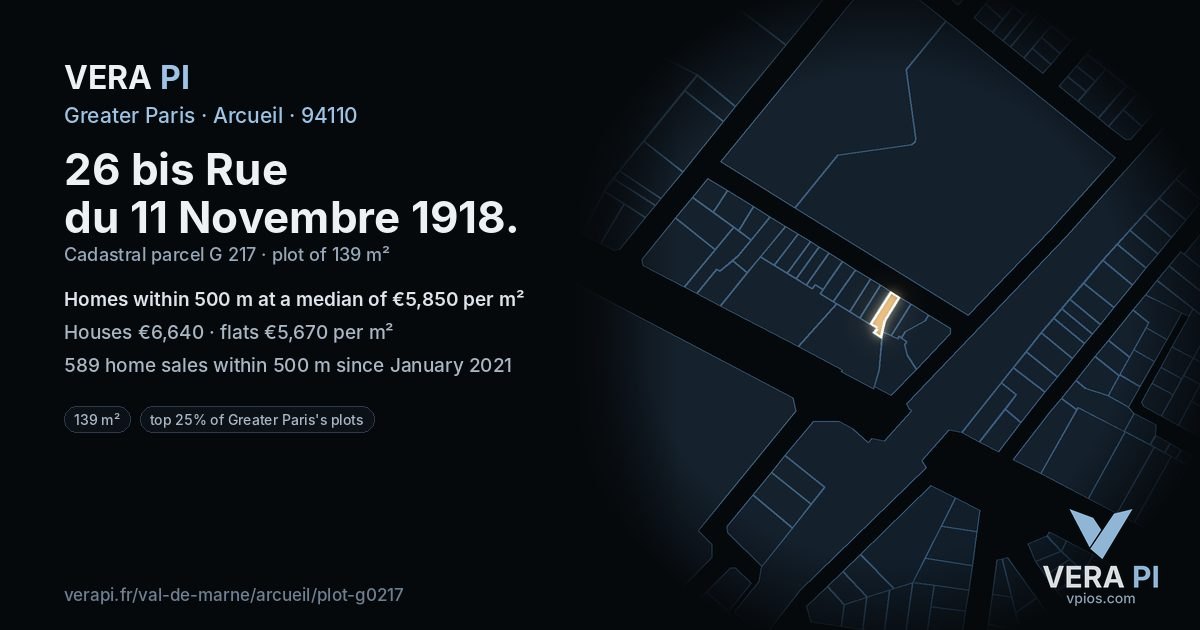 26 bis Rue du 11 Novembre 1918, Arcueil at night – the plot lit, the parcels around coloured by the prices near them