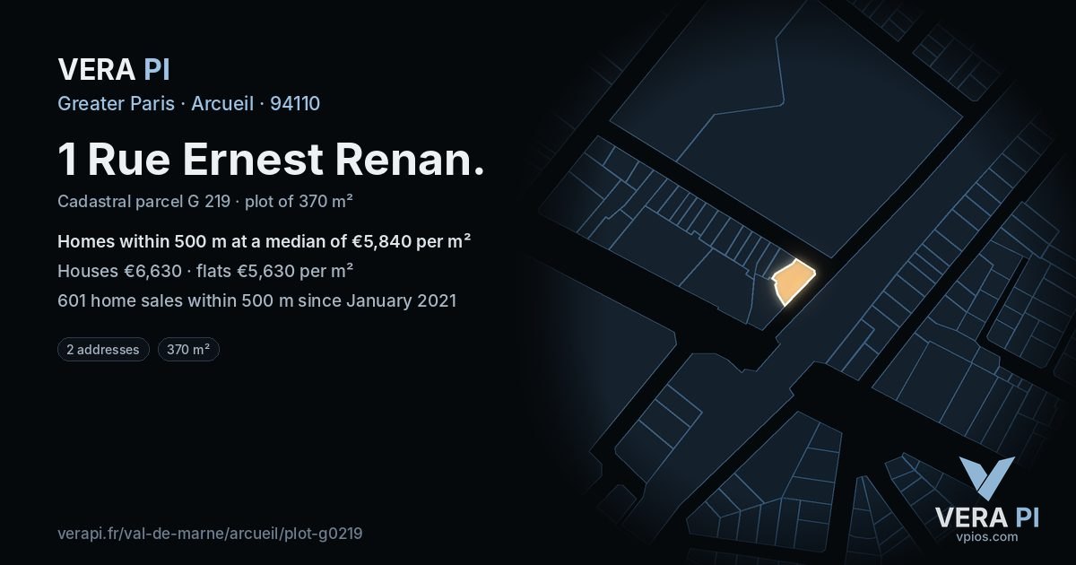 1 Rue Ernest Renan, Arcueil at night – the plot lit, the parcels around coloured by the prices near them