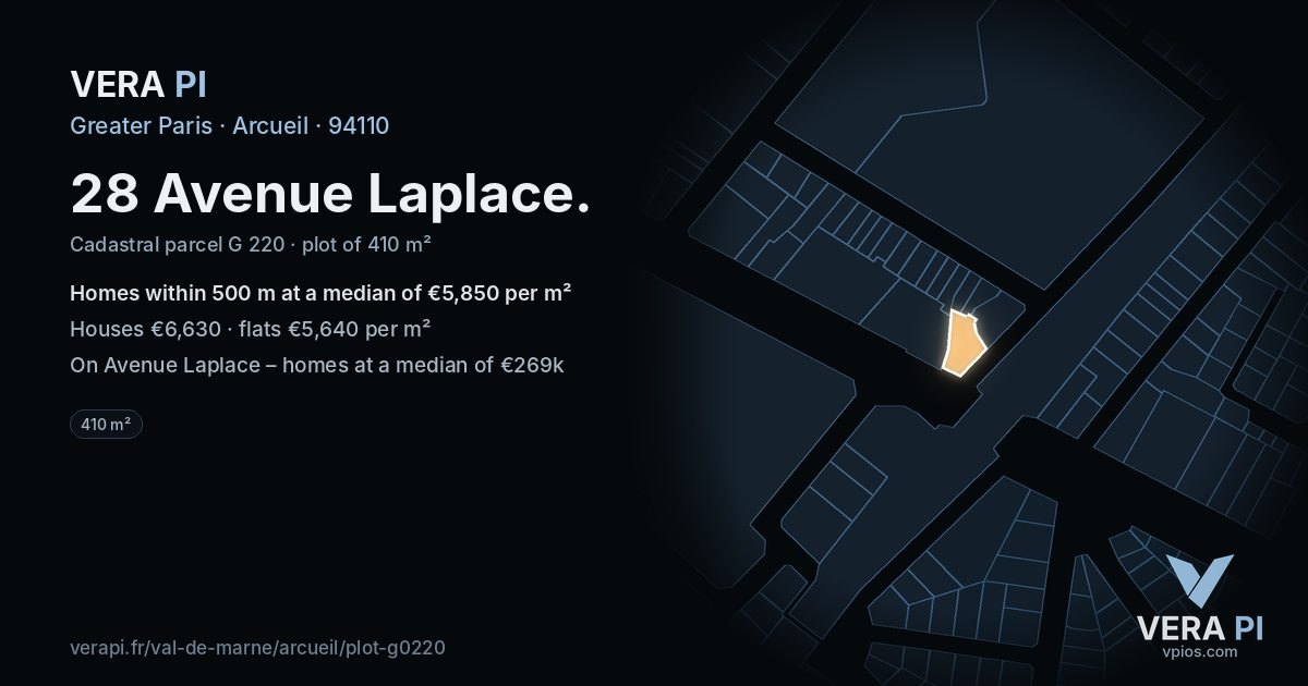28 Avenue Laplace, Arcueil at night – the plot lit, the parcels around coloured by the prices near them