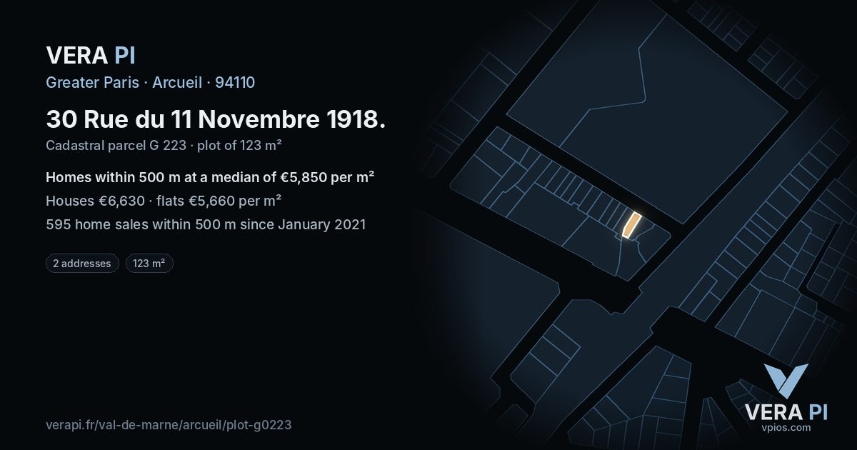 30 Rue du 11 Novembre 1918, Arcueil at night – the plot lit, the parcels around coloured by the prices near them