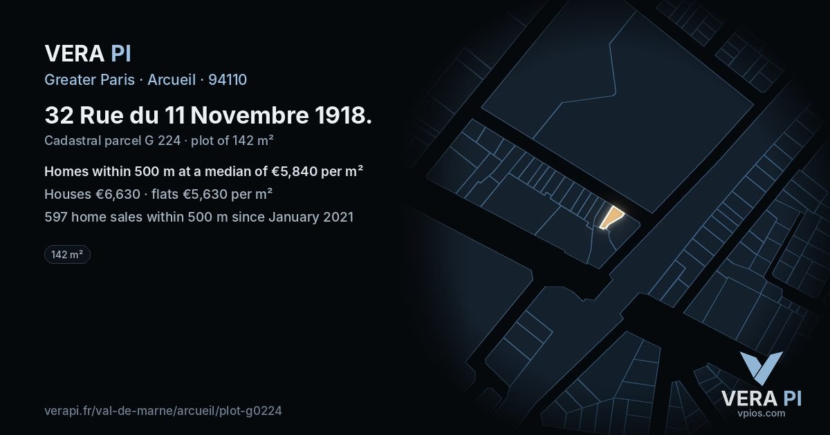 32 Rue du 11 Novembre 1918, Arcueil at night – the plot lit, the parcels around coloured by the prices near them