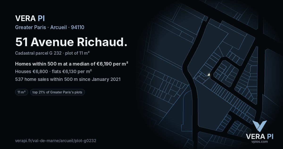 51 Avenue Richaud, Arcueil at night – the plot lit, the parcels around coloured by the prices near them