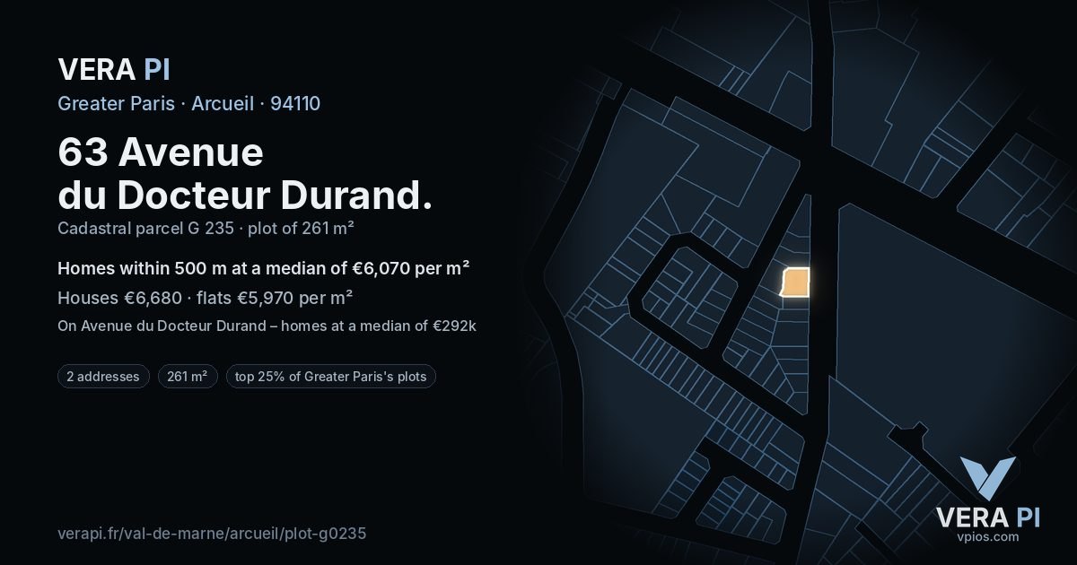 63 Avenue du Docteur Durand, Arcueil at night – the plot lit, the parcels around coloured by the prices near them