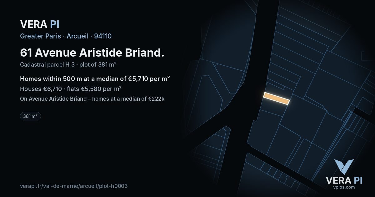61 Avenue Aristide Briand, Arcueil at night – the plot lit, the parcels around coloured by the prices near them