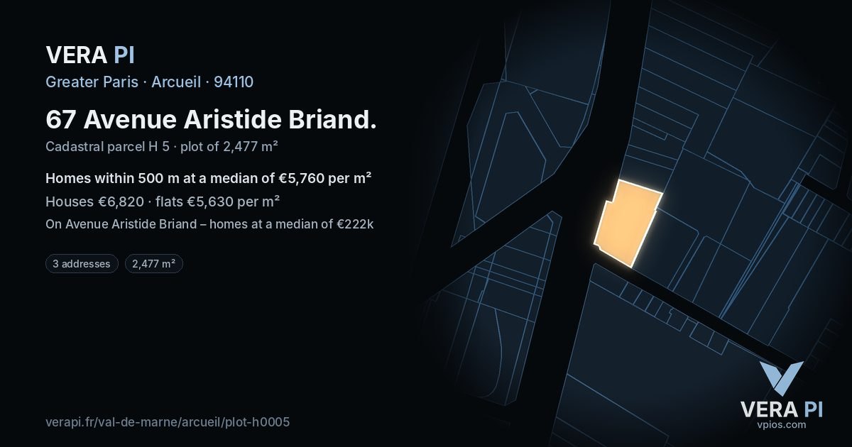 67 Avenue Aristide Briand, Arcueil at night – the plot lit, the parcels around coloured by the prices near them